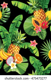 Seamless pattern with tropical fruits, palm leaves and flowers. Vector illustration.