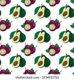 Seamless pattern with tropical fruits, passion fruit and avocado. Background, design, layout, print.