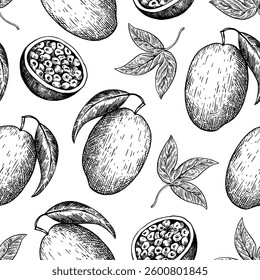 Seamless pattern with tropical fruits, passionfruit and mango. Hand-drawn ink illustration in retro engraving style. Detailed vector drawing.