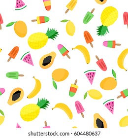 Seamless pattern with tropical fruits and popsicles. Pattern is in swatch panel.