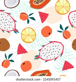Seamless pattern with tropical fruits. Summer ornament with coconuts, tangerines, watermelon, papaya. Vector graphics.