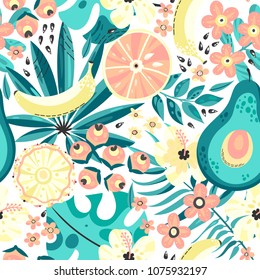 Seamless pattern with tropical fruits. Vector background. Bright summer fruits illustration.