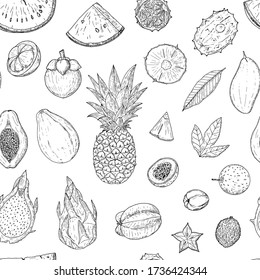 Seamless pattern of tropical fruits. Vector cartoon background. Hand-drawn style.