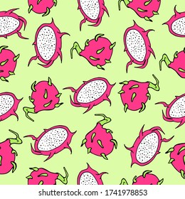 Seamless pattern with tropical fruits. Vector illustration of a pitaya on a green background. Design of packaging paper, fabrics, clothing, postcards, Wallpaper. Doodle style. Tropical pattern.