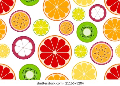 seamless pattern with tropical fruits. vector illustration. texture with kiwi halves, oranges, grapefruits, lemons, mangosteen, passion fruit and lime on a white background.