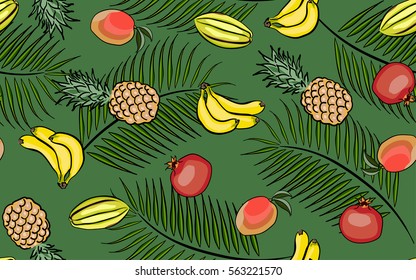 Seamless pattern tropical fruits, vector