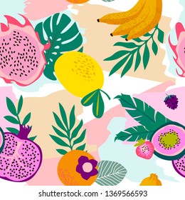 Seamless pattern with tropical fruits,shapes and leaves. Editable vector illustration