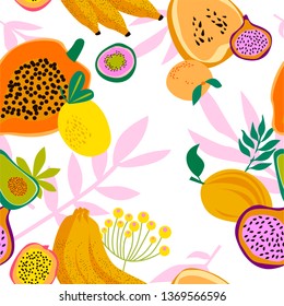 Seamless pattern with tropical fruits,shapes and leaves. Editable vector illustration