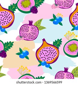 Seamless pattern with tropical fruits,shapes and leaves. Editable vector illustration