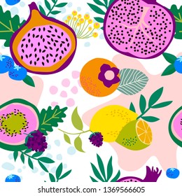 Seamless pattern with tropical fruits,shapes and leaves. Editable vector illustration