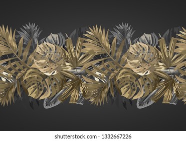 Seamless pattern with tropical gold and black leaves. Background for beauty salons, spa salons, beauty products.