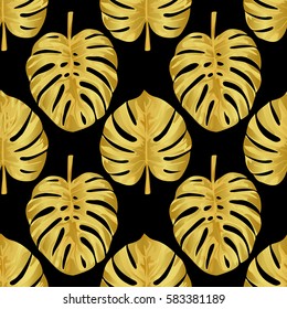 Seamless pattern of tropical gold monstera leaves isolated on black. Tropical wallpaper, textile print, exotic background.