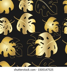Seamless pattern of tropical Golden leaves, monstera on black background. for fabric, textile, Wallpaper, packaging, design, fashion. Vector