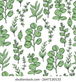 Seamless pattern of tropical green forest eucalyptus leaves. Vector illustration in sketch style.