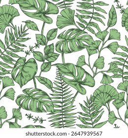 Seamless pattern of tropical green forest leaves. Vector illustration in sketch style. monstera, fern, eucalyptus