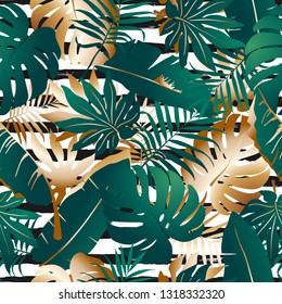 Seamless pattern with tropical green and golden palm leaves, leaves of monstera and banana on horizontal striped background. Exotic template for sale, offers design, poster, party, summer background.