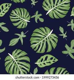 seamless pattern of tropical green leaf of monstera on dark navy background