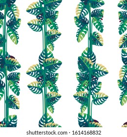 Seamless pattern of tropical green leaves with different shape flat vector illustration on white background