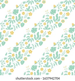 Seamless pattern with tropical green leaves and yellow flowers on white backround. Diagonal stripes. Vector illustration