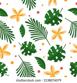 Seamless pattern tropical green leaves and flowers Vector illustration isolated on white 
