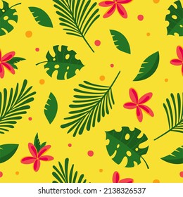 Seamless pattern tropical green leaves and flowers Vector illustration isolated on yellow background