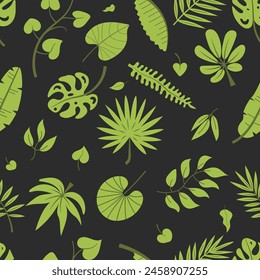 Seamless pattern with Tropical green leaves. Jungle plants repeat vector floral pattern isolated on dark. Summer  background for textile print