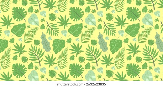 Seamless pattern of tropical green leaves. Dense foliage design with monstera, palm, and fern on light yellow background. 