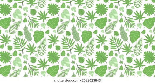 Seamless pattern of tropical green leaves. Dense foliage design with monstera, palm, and fern on light background. Different types of foliage design perfect for summery or nature-inspired themes.