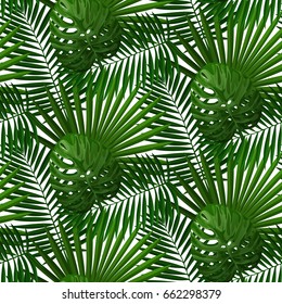 Seamless pattern of tropical green leaves isolated on white. Tropical wallpaper, textile print, exotic background.