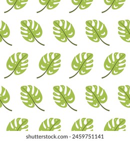 Nahtloses Muster mit tropisch grünen Monstera Blättern. Dschungelpflanzenblatt-Wiederholungsdruck für Textilien. Sommer Vektorgrafik Hintergrund isoliert auf Weiß