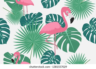 Seamless pattern of tropical green palm jungle and monstera leaves with flamingo on white background.