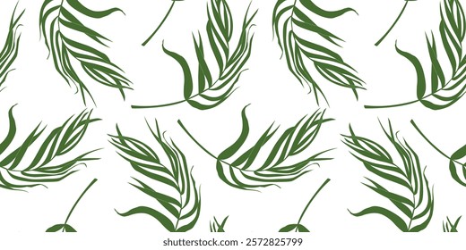 Seamless pattern of tropical green palm leaves. Jungle leaves seamless vector floral pattern background. Vector illustration in trendy style. 