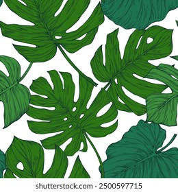 Seamless pattern with tropical hand drawn leaves. Green illustration.