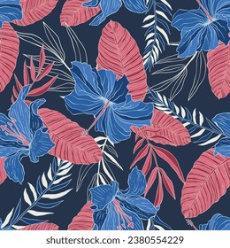 Seamless pattern of a tropical Hawaiian blue flowers and red leaves background vector elements.