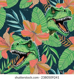 Seamless pattern of a tropical Hawaiian flowers and dinosaur background elements.