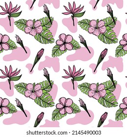 A seamless pattern of a tropical hibiscus flower. Hand-drawn sketch of a bright flower in doodle style. Tropics. Pink hibiscus. Isolated vector illustration.