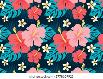 Seamless Pattern with Tropical Hibiscus Flower and Monstera Leaves