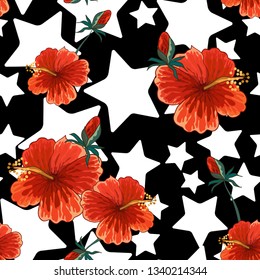 Seamless pattern with tropical hibiscus flowers.