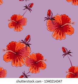 Seamless pattern with tropical hibiscus flowers.