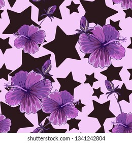 Seamless pattern with tropical hibiscus flowers.