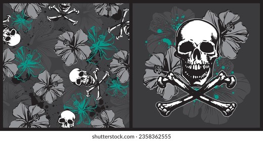 Seamless pattern of tropical hibiscus flowers with gray and teal flowers, skull and cross bones on a dark gray background.