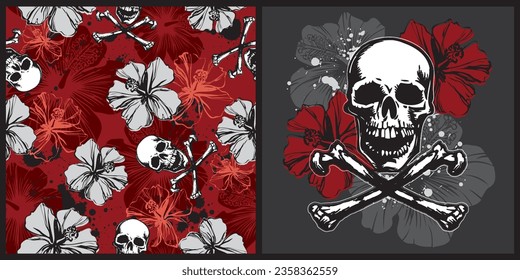 Seamless pattern of tropical hibiscus flowers with gray and red flowers, skull and cross bones on a dark red background.