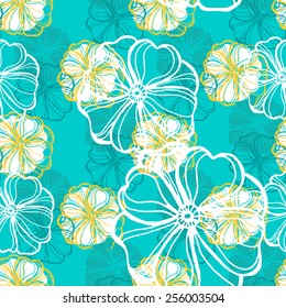 Seamless pattern with tropical Hibiscus flowers. Vector illustration.