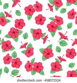 Seamless pattern of tropical hibiscus flowers. Vector illustration.