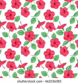 Seamless pattern of tropical hibiscus flowers. Vector illustration.