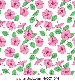 Seamless pattern of tropical hibiscus flowers. Vector illustration.