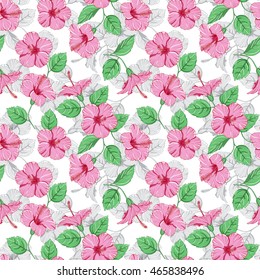 Seamless pattern of tropical hibiscus flowers. Vector illustration.