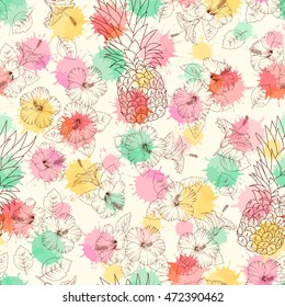 Seamless pattern of tropical hibiscus flowers, pineapple. Vector illustration.
