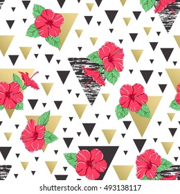 Seamless pattern of tropical hibiscus flowers. Abstract geometric background. Vector illustration.