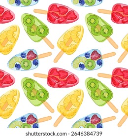 Seamless pattern of tropical ice pop on wooden stick with blueberry, pineapple, kiwi and strawberry slice on white background in cartoon style for delivery cafe packaging and kitchen wallpaper.